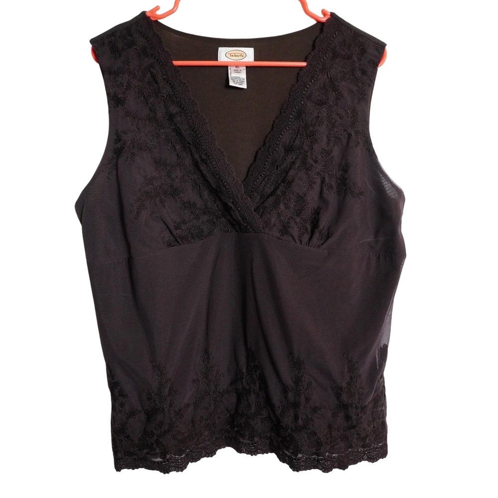 Vtg Y2K Talbots Sleeveless Top XL Romantic Floral Embroidered Lace Trim Brown